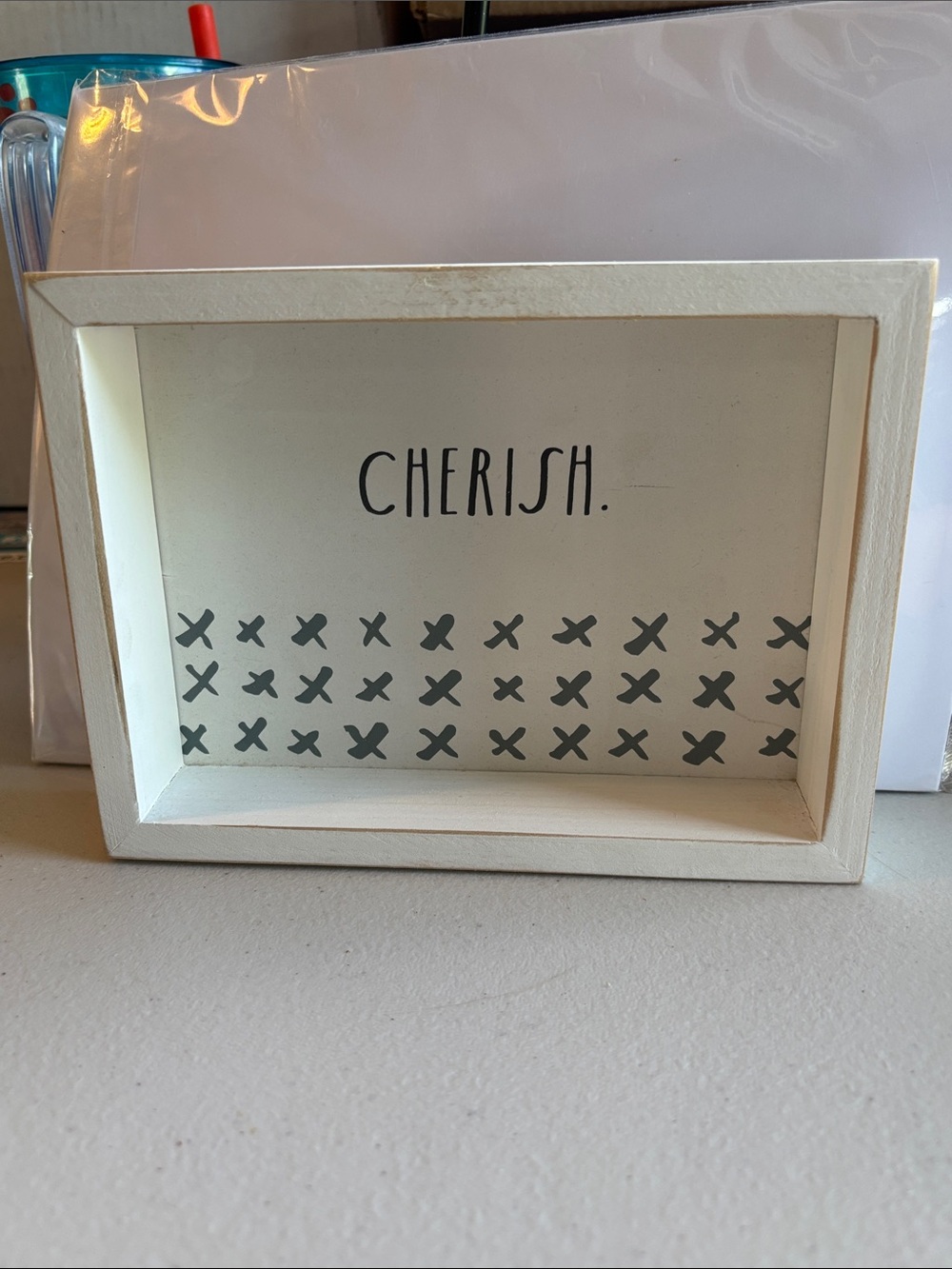 NWT-Rae Dunn White 'CHERISH.' Shadow Box Wall Art with Gray X Pattern
